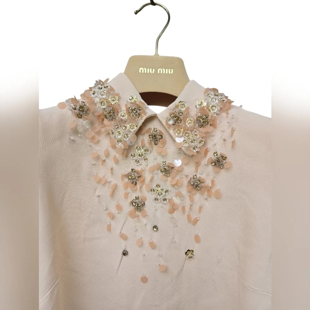 Miu Miu Light Pink A-Line Mini Dress/ Embellished Sequin Detail Collar Size 36